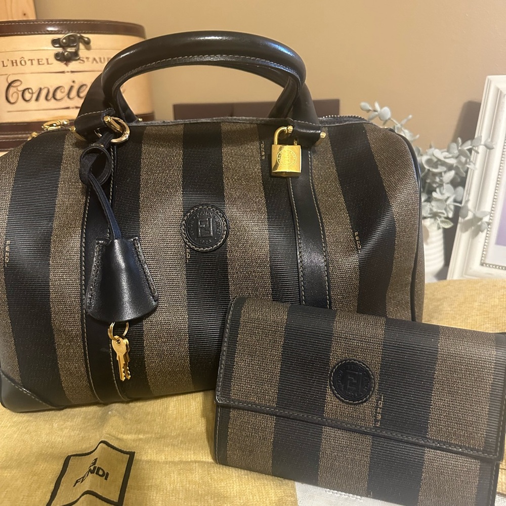 Fendi Pequin Boston Bag with lock and key, Matching Wallet and dust bags